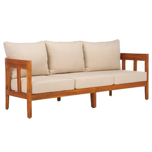 SAFAVIEH Outdoor - Owen 3-Seat Sofa - Natural & Taupe - Solid Wood with Cushion - Mid-Century Coastal Slatted Design - Ideal for Patio, Deck, Porch, Backyard, 15" Seat Height (PAT7091A)
