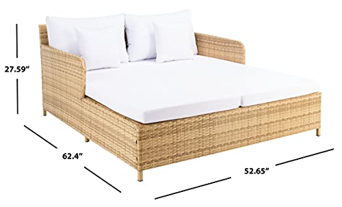 SAFAVIEH Outdoor - Cadeo Daybed - Natural & White - Steel Frame with Cushion - Deep-Seat Resort Design with Pillows - Ideal for Patio, Deck, Poolside, Backyard (PAT7500D)