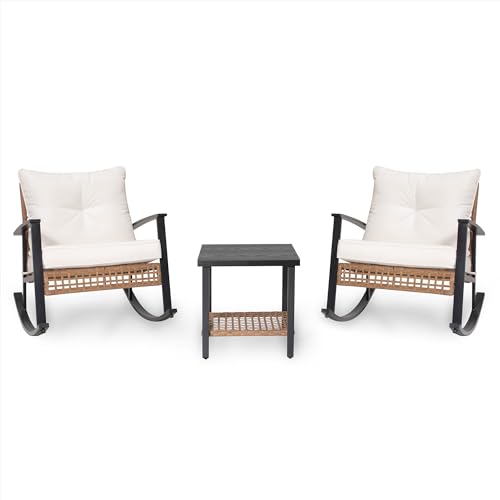 LAUSAINT HOME 3-Piece Rocking Bistro Set, Outdoor Patio Furniture with Thick Cushions and 2-Tier Coffee Table, Oversize Rattan Conversation Set for Garden, Balcony, Backyard (Beige)