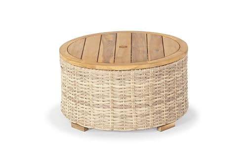 SAFAVIEH Couture Outdoor - Anguilla Round Wicker Coffee Table - Solid Wood and Aluminum - Coastal Woven Design - Ideal for Patio, Deck, Porch, Backyard, 25.6"W x 25.6"D x 13.8"H (CPT2103A)