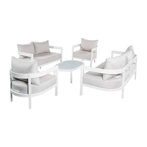 Christopher Knight Home Lula 7-Seater Patio Furniture Set with Coffee Table, 5 Piece Outdoor Conversation Set with Cushion, Aluminum Outdoor Sectional Sofa Set, White+Beige