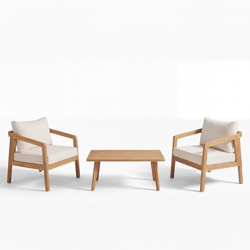 Christopher Knight Home Sures Acacia Wood Club Chair and Coffee Table Set, 3 Piece Patio Bistro Set, Solid Wood Outdoor Patio Furniture Set with Center Table, Natural+Beige