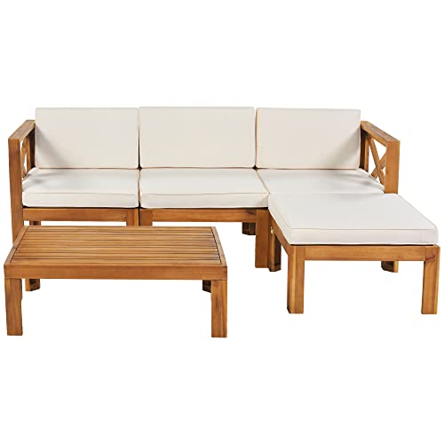 YSWH 5-Piece Patio Acacia Wood Outdoor Furniture Sectional Conversation Sets Sofa Set with Slatted Tabletop Tea Table and X-Back Wood Frame, Removable Cushions