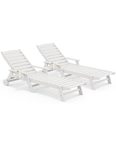 SERWALL Patio Chaise Lounge Chair Set of 2, 78'' Long 5-Positions Adjustable HDPE Outdoor Lounger for Pool, Poly Lounge Chair with Rolling Wheels & Cup Holder for Poolside, Deck, White