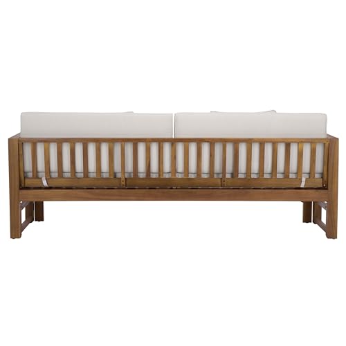 SAFAVIEH Outdoor Patio Furniture Collection - Napoli Brown & Cream Solid Wood Bench Convertible Daybed with Cushions, Versatile Patio Seating (PAT6805A)
