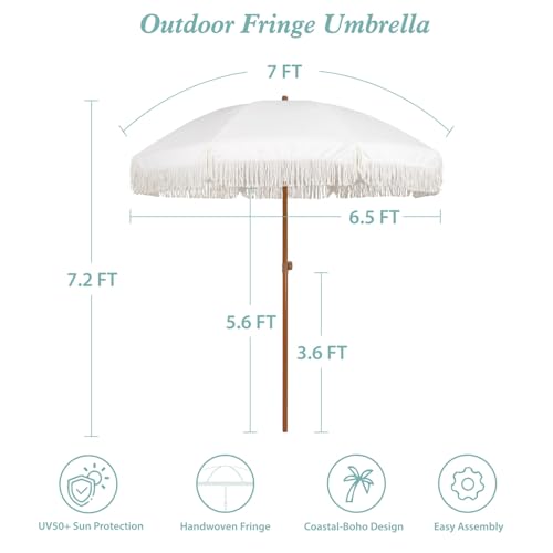 AMMSUN 7ft Patio Umbrella with Fringe Outdoor Tassel Umbrella UPF50+ Premium Steel Pole and Ribs Push Button Tilt, Cream White