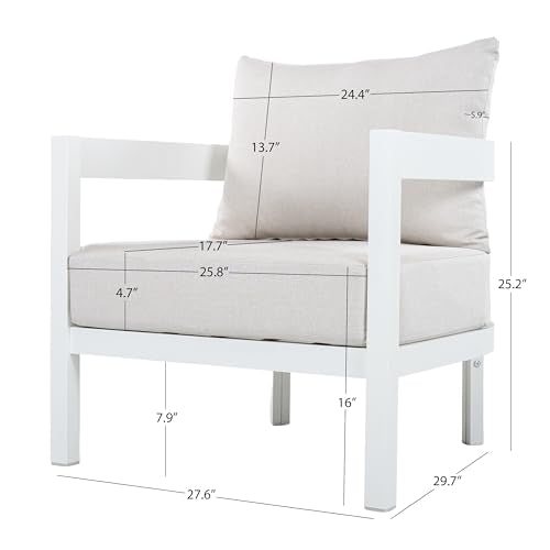 Christopher Knight Home Lula 7-Seater Patio Furniture Set with Coffee Table, 5 Piece Outdoor Conversation Set with Cushion, Aluminum Outdoor Sectional Sofa Set, White+Beige