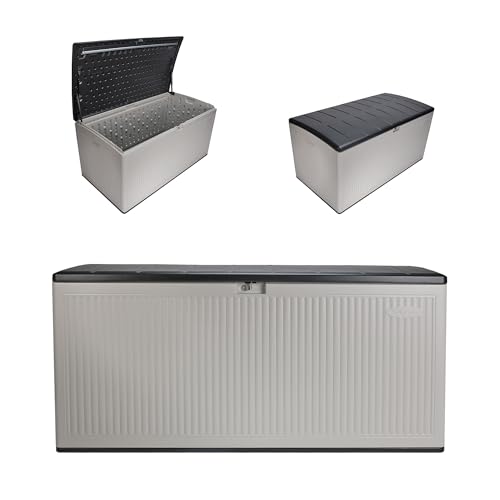 Suncast 160-Gal. Resin Extra-Large Outdoor Patio Deck Box with Pad-Lockable Lid, Modern Reeded Outdoor Patio Bench/Storage Box for Cushions, Garden Tools, and More, Iron Ore/French Gray