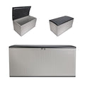 Suncast 160-Gal. Resin Extra-Large Outdoor Patio Deck Box with Pad-Lockable Lid, Modern Reeded Outdoor Patio Bench/Storage Box for Cushions, Garden Tools, and More, Iron Ore/French Gray