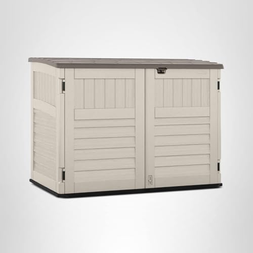 Suncast 5.9 ft. x 3.7 ft Horizontal Stow-Away Storage Shed - Natural Wood-Like Outdoor Storage for Trash Cans and Yard Tools - All-Weather Resin, Hinged Lid, Reinforced Floor - Made in The USA