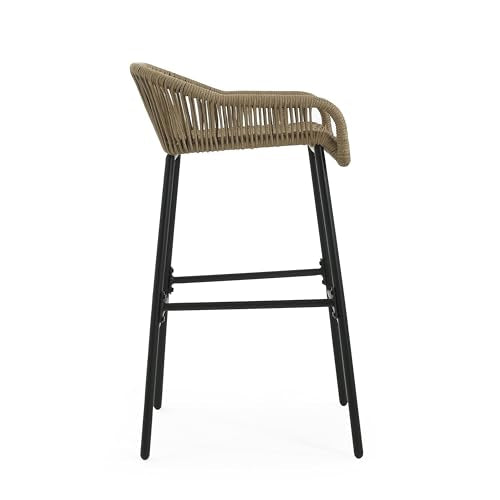 Christopher Knight Home Outdoor Patio Rope Weave Iron Barstools, Powder Coated Iron Frame Barstools, Black Brown, Set of 2