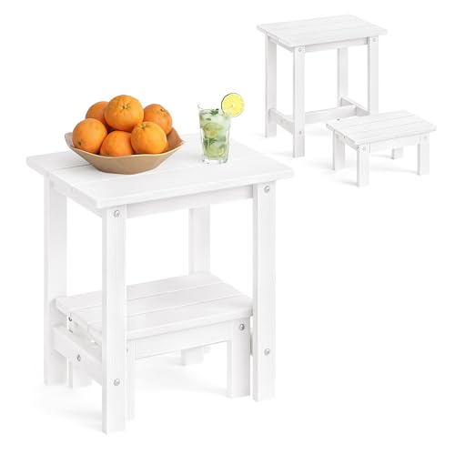 LUE BONA Outdoor Side Table, 2-Tier HDPS Outdoor Nesting End Table with Removable Small Foot Stool for Patio, Deck, Poolside, Low Maintenance & Weather Resistant, White