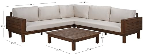 SAFAVIEH Outdoor Patio Furniture Collection - Napoli Teak Brown & Cream Solid Wood 4-Piece Sectional Sofa Set with Coffee Table, Durable Cushions, Modern Outdoor Seating (PAT6806A)