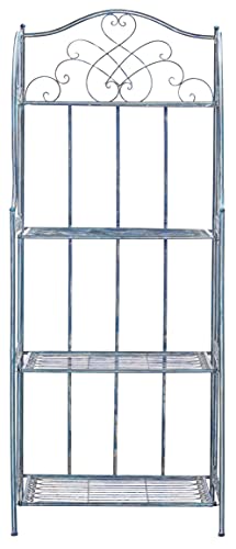 SAFAVIEH Outdoor - Amaris 4-Tier Bakers Rack - Mossy Blue Iron Metal - Vintage Victorian Scrollwork - Ideal for Patio, Deck, Porch, Sunroom, 14.5" W x 25" D x 63" H (PAT5014C)