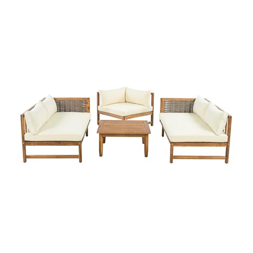 Christopher Knight Home Tenntt 5-Seater Acacia Wood Patio Furniture Set, Outdoor Conversation Sofa Chat Set with Coffee Table, Wicker Arm, Sectional Seating Group for Backyard Balcony, Teak+Beige