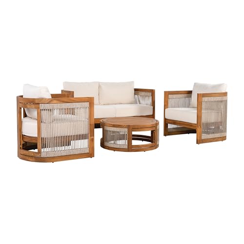 Christopher Knight Home Nesbit 4 Pieces Conversation Set, Acacia Wood Chat Set, Woven Rope Loveseat and Accent Chairs, Slat Panel Coffee Table, Patio Furniture Set for Backyard Balcony Garden, Beige