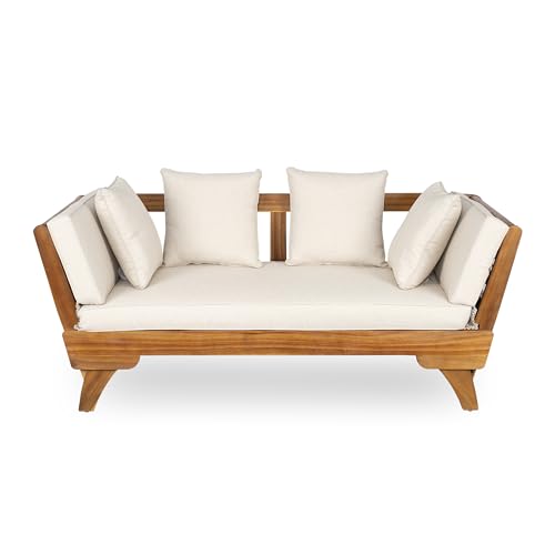 Christopher Knight Home Gary Patio Convertible Couch, Wooden Outdoor Daybed, 3-Seater Acacia Wood Patio Furniture Lounge Sofa for Backyard/Poolside/Garden, Back Pillow+Removable Cushion, Teak+ Beige