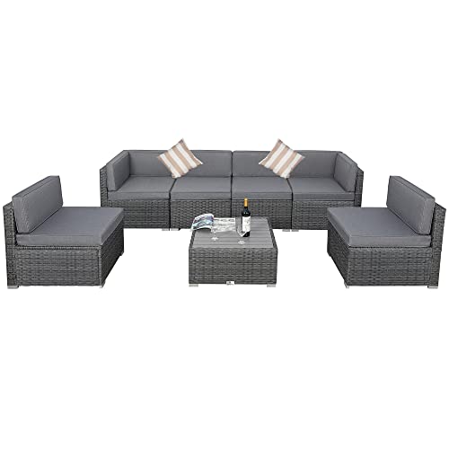 Welpatio Outdoor Patio Furniture Sets, 7 Pieces PE Rattan Wicker Outdoor Sectional Sofa Patio Conversation Set with Cushions and Coffee Table, Light Gray/Gray