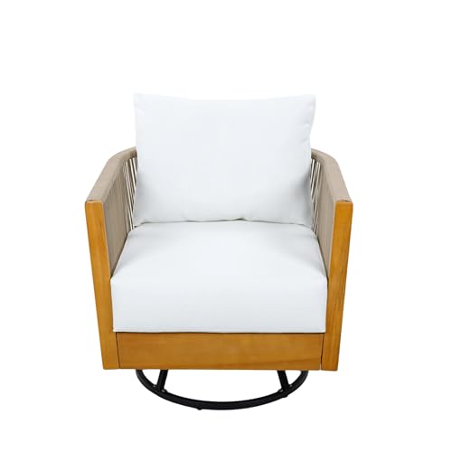 Christopher Knight Home Outdoor Swivel Rocking Chair Set of 2 with Cushion & Cross Base Side Table, Acacia Wood Patio Swivel Rocker Chair Set 360 Degree Porch Chairs for Backyard Balcony, Natural/Teak