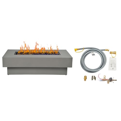 48-inch Fire Table with Natural Gas Conversion Kit, 50,000BTU Outdoor Modern Patio Fire Pit Table w/Rectangular Burner Lid, Glass Rocks, Cover