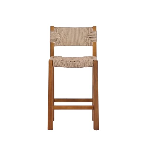 Christopher Knight Home 2-Pack Outdoor Counter Height Bar Stools with Backrest, Acacia Wood Frame Woven Wicker, 28" Patio Bar Chairs with Teak Finish for Deck Balcony Outdoor Bar Table, Light Brown