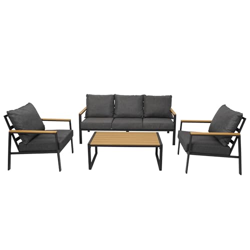 COMLAX FIELD Patio Furniture Set, 4 Pieces Outdoor Furniture Patio Conversation Set with High Back, Faux-Wood Armrest and Tabletop, Outdoor Couch Patio Sofa Set for Balcony, Porch, Backyard, Grey