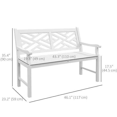 Outsunny Outdoor Garden Bench, Wooden Frame Patio Bench with Geometric Pattern, 43.25 Inch Weatherproof 2-Person Love Seat for Garden, Lawn, Porch, Yard, Work Entryway, White