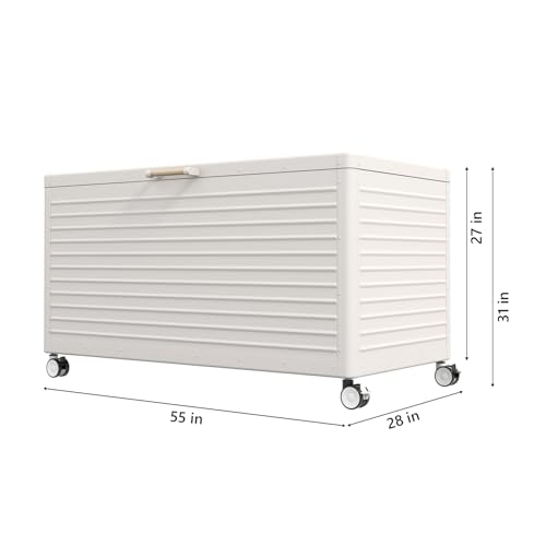 MIRADOR 175 Gallon Outdoor Storage Box with Wheels & Soft-Close Lid, Waterproof Metal Deck Box for Patio Cushions, Garden Tools & Pool Accessories, Latte