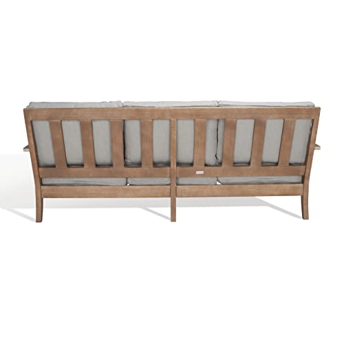 SAFAVIEH Couture Outdoor - Martinique 3-Seat Sofa - Natural & Grey - Solid Wood - Slatted Coastal Design - Ideal for Patio, Deck, Porch, Backyard, 18.3" Seat Height (CPT1013B)