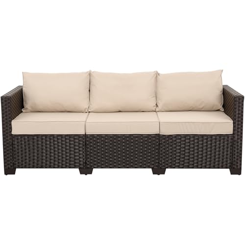 WAROOM Patio Couch PE Rattan 3-Seat Outdoor Sofa Brown Wicker Furniture Set Deep Seating with Anti-Slip Beige Cushion