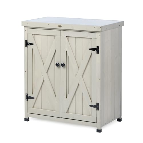 HABAU Outdoor Storage Cabinets Weatherproof for Patio, Garden Work Bench with Shelves & Metal Tabletop, Wooden Potting Table Workstation