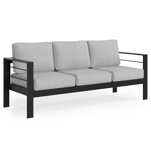 Solaste Aluminum Outdoor Couch, 3-Seat Metal Outdoor Sofa with Water-Resistant Cushion, Weather-Resistant Modern Patio Sofa, Black Frame Grey Cushion