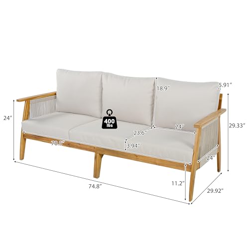 Christopher Knight Home Outdoor 3 Seater Patio Sofa with Acacia Wood Frame and Rope Weave Design, Cushioned Garden Couch with Removable Covers for Patio Deck Balcony, Teak and Beige
