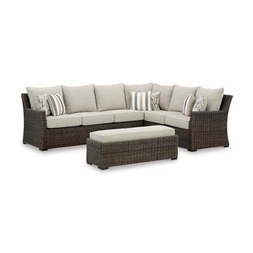 Signature Design by Ashley Brook Ranch Outdoor Sectional, All‑Weather Resin Wicker Patio Furniture With High‑Performance Cushions, Durable Aluminum Frame, Neutral