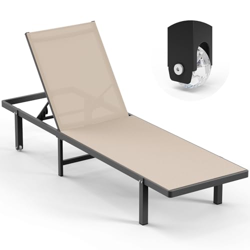 Oasbira Chaise Lounge Outdoor, Aluminum Pool Lounge Chairs with Wheels, 5 Adjustable Backrest - Easy to Move- Outdoor Lounge Chairs for Deck, Beach, Poolside (Khaki)