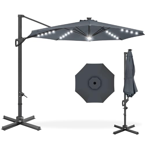 Best Choice Products 10ft Solar LED Cantilever Patio Umbrella, 360-Degree Rotation Hanging Offset Market Outdoor Sun Shade for Backyard, Deck, Poolside w/Lights, Easy Tilt, Cross Base - Slate