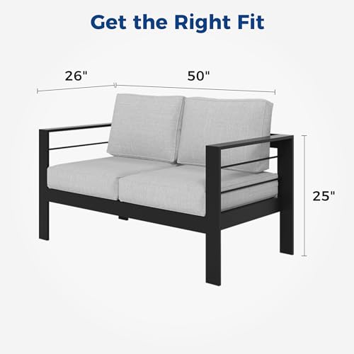 Wisteria Lane Patio Furniture Aluminum Loveseat, All-Weather Outdoor 2 Seats Sofa Couch, Black Metal Chair with Light Grey Cushions