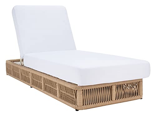 SAFAVIEH Outdoor - Gillian Chaise Lounge Chair - Tan & White - Steel and Woven Rope - Adjustable 5-Position Backrest - Ideal for Patio, Deck, Poolside, Backyard (PAT7527A)