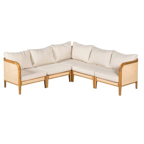 Merax 5 Piece Patio Outdoor Furniture Set, All-Weather Rattan Wicker L-Shaped Sectional Sofa w/Coushions, Acacia Wood 5-Seater Couch Set for Porch, Lawn, Backyard, Balcony, Teak+ Beige