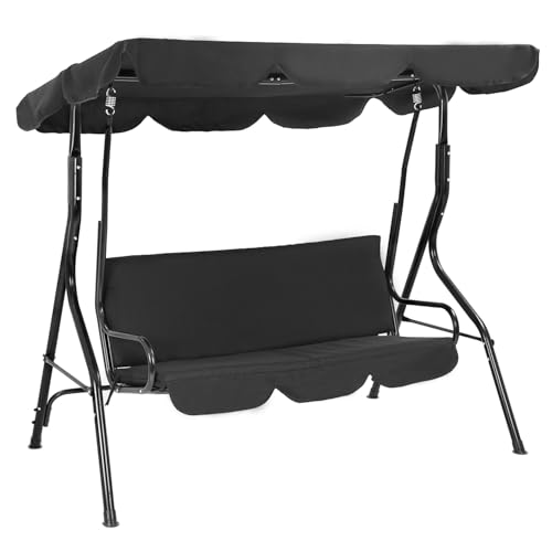 Patio Swing Sturdy Outdoor Swing Chair Stable Porch Swing Easy Setup Patio Swing with Canopy Adjustable Tilt Armrests Steel Frame for Patio Outdoor Porch Backyard, Black