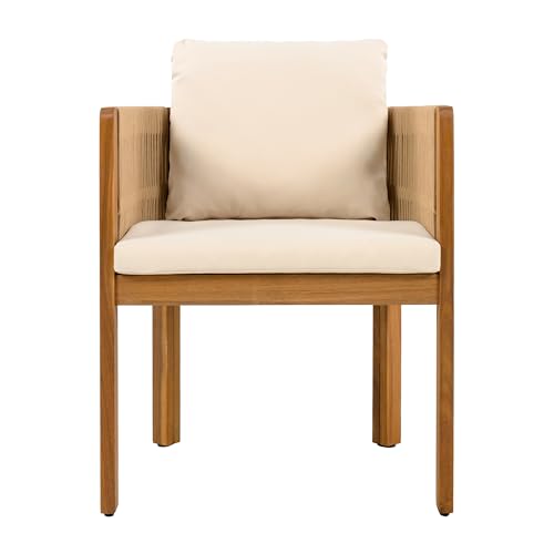Christopher Knight Home Levi Set of 2 Outdoor Dining Chairs, Acacia Wood Patio Dining Room Chair with Waterproof Cushions, Rope-Wrapped Accents, Comfy Poolside Kitchen Chairs, Teak + Beige