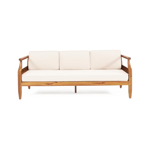 Christopher Knight Home Aston Outdoor 3 Seater Sofa, Upholstered Cushion Couch, Acacia Wood Bench Sofa, Slat Armchair, 73.25" W Spacious Seating Bench Couch for Gardern Porch Balcony, Teak+Beige