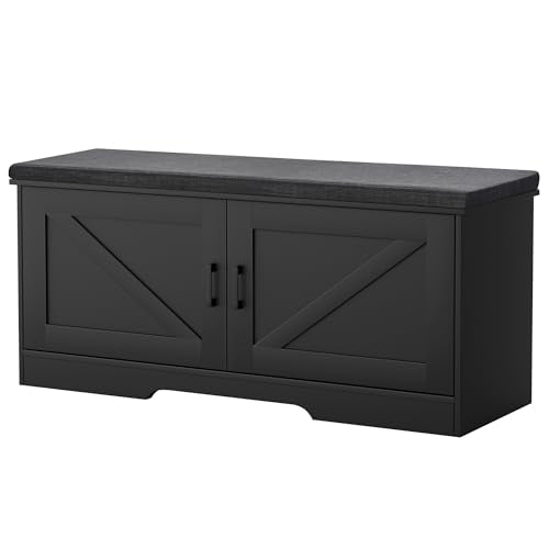 HOMSHO 2-Tier Storage Bench, 39.4" Wide Shoe Bench with Padded Seat Cushion, Entryway Bench with 2 Barn Doors and Adjustable Shelf, Black