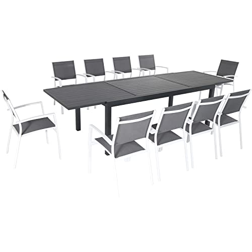 Hanover Naples 11-Piece Outdoor Dining Set with 10 Sling Chairs in Gray/White and a 40" x 118" Expandable Dining Table