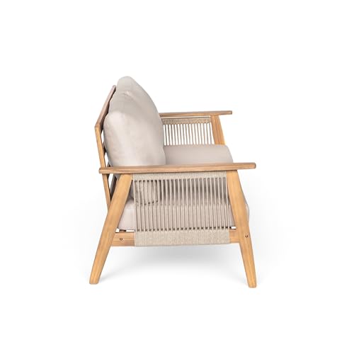 Christopher Knight Home Lorna 4-Seater Patio Furniture Set with Removable Cushion, 4 Piece Outdoor Acacia Wood Conversation Set, Sold Wood Outdoor Sectional Sofa Set with Coffee Table, Teak+Beige
