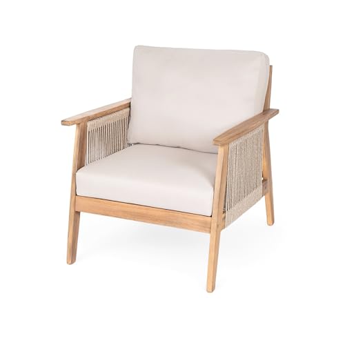 Christopher Knight Home Lorna 4-Seater Patio Furniture Set with Removable Cushion, 4 Piece Outdoor Acacia Wood Conversation Set, Sold Wood Outdoor Sectional Sofa Set with Coffee Table, Teak+Beige