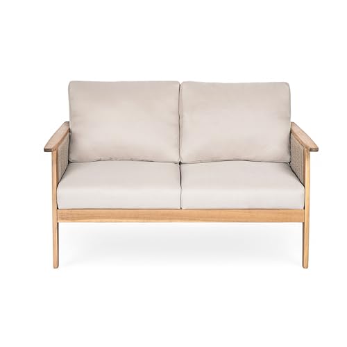 Christopher Knight Home Lorna 4-Seater Patio Furniture Set with Removable Cushion, 4 Piece Outdoor Acacia Wood Conversation Set, Sold Wood Outdoor Sectional Sofa Set with Coffee Table, Teak+Beige