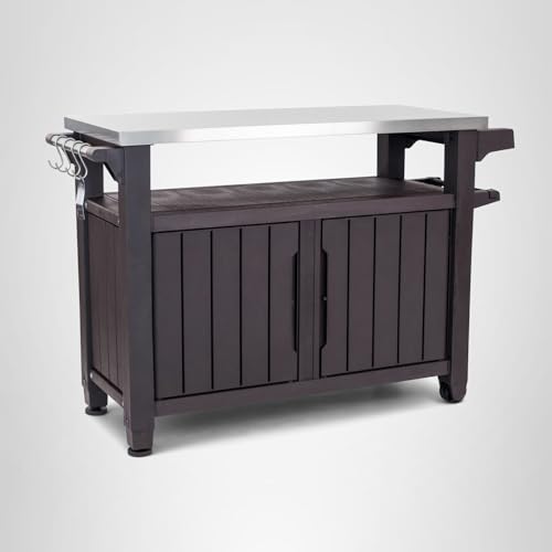 Keter Outdoor Rolling Table Cart for Food Prep, Storage, Bar & Grill, Dark Brown - Portable Kitchen Island Tabletop with Wheels for Drinks, Snacks, and Cooking