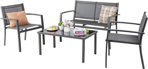 Shintenchi 4 Pieces Patio Furniture Set All Weather Textile Fabric Outdoor Conversation Set, with Glass Coffee Table, Loveseat, 2 Single Chairs for Home, Garden, Lawn, Porch（Gray）