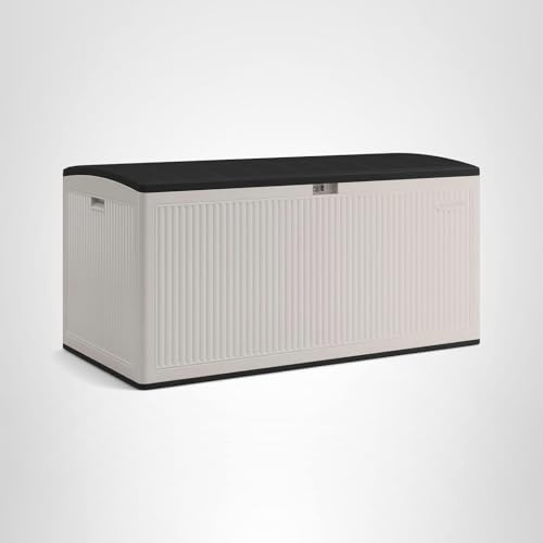 Suncast 160-Gal. Resin Extra-Large Outdoor Patio Deck Box with Pad-Lockable Lid, Modern Reeded Outdoor Patio Bench/Storage Box for Cushions, Garden Tools, and More, Iron Ore/French Gray